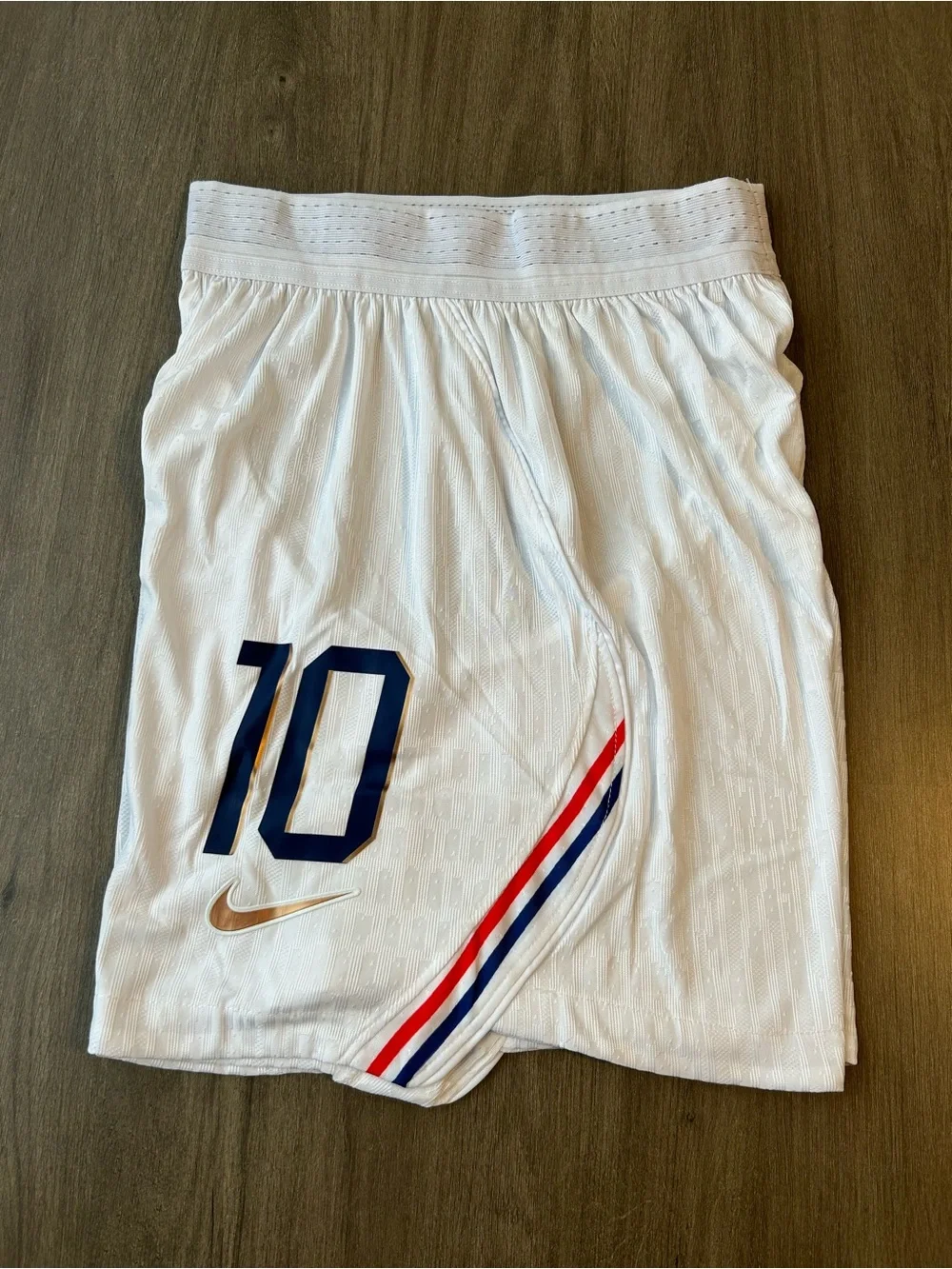 Nike Men’s White Soccer Shorts with Navy and Gold Accents (No. 10)